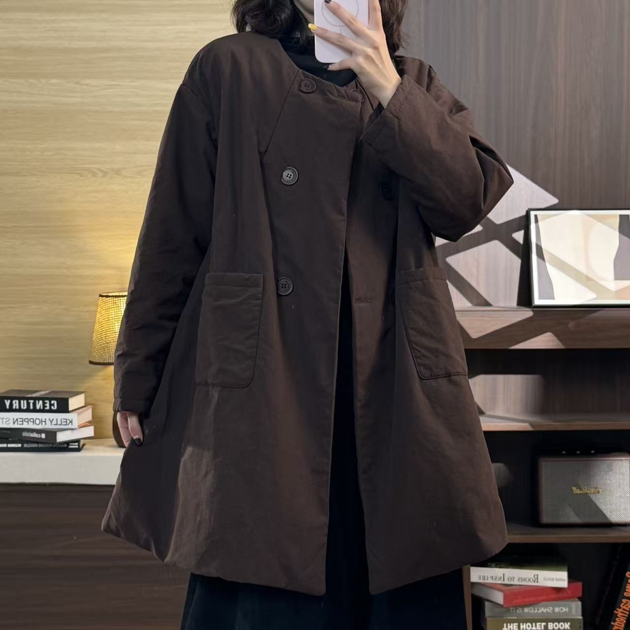 秋冬季新款棉服宽松大码风衣款百搭休闲简约纯色中长款棉衣气质