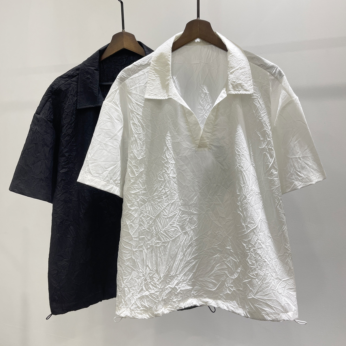 现货休闲百搭高级感抽绳短袖T恤潮牌INS男士肌理感宽松体恤上衣