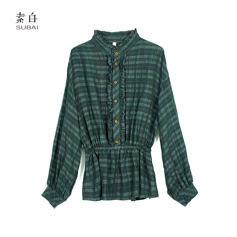 素白【春日】休闲格子复古小众设计感荷叶边套头衬衫SB2408CS00152