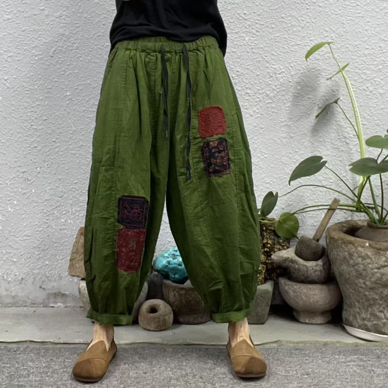 25191扎染做旧对角贴布绣福12片南瓜休闲裤（长86臀围146脚口42