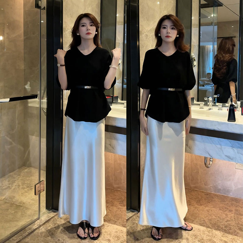 早秋法式松弛感V领中分袖配腰带显瘦上衣+缎面垂感百搭半身裙套装