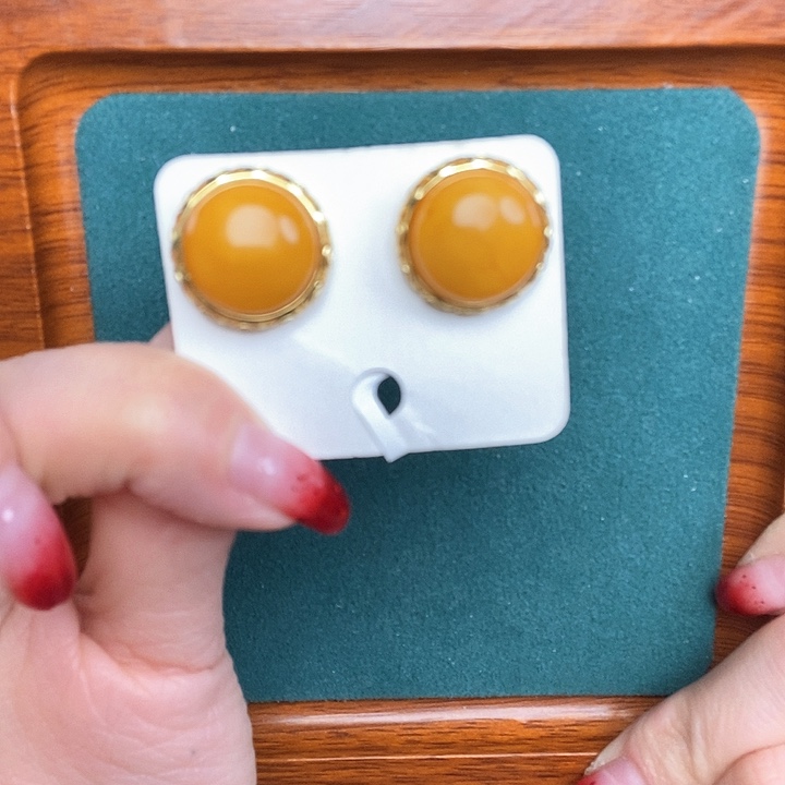 蜜蜡耳饰银S925镶嵌耳钉