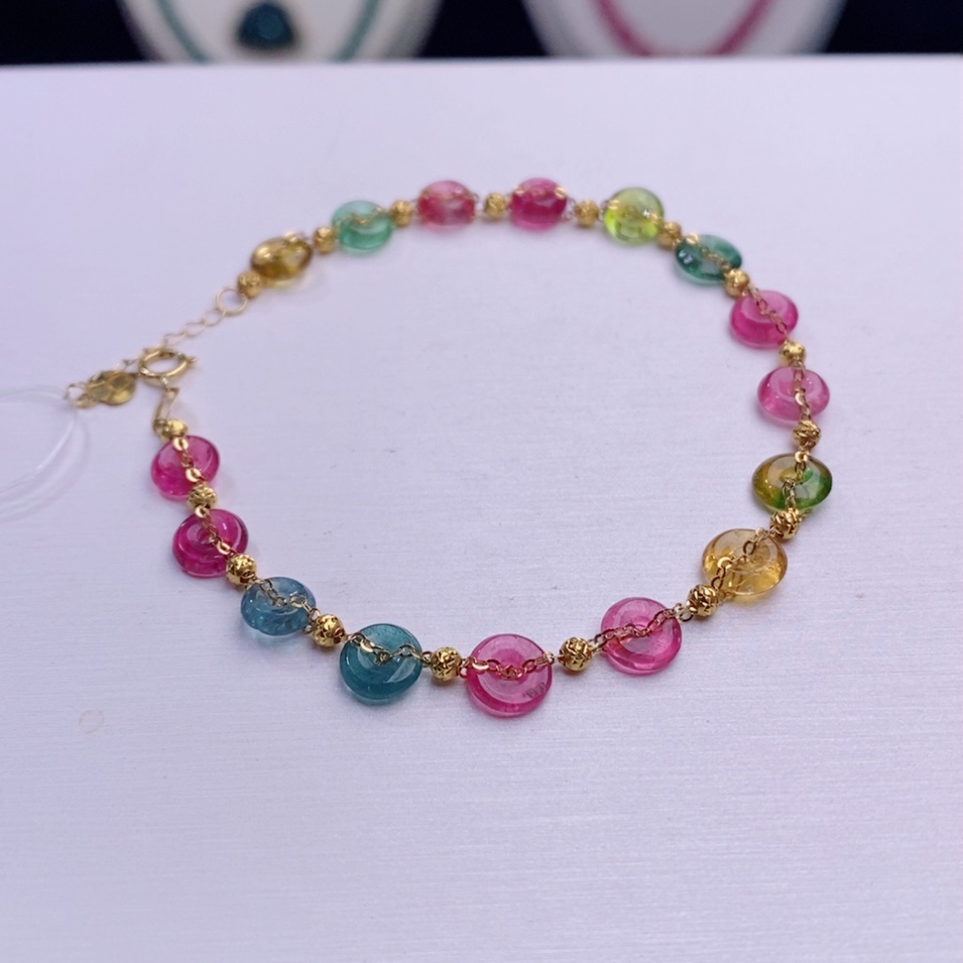 18K金镶嵌手链碧玺平安扣手链yy