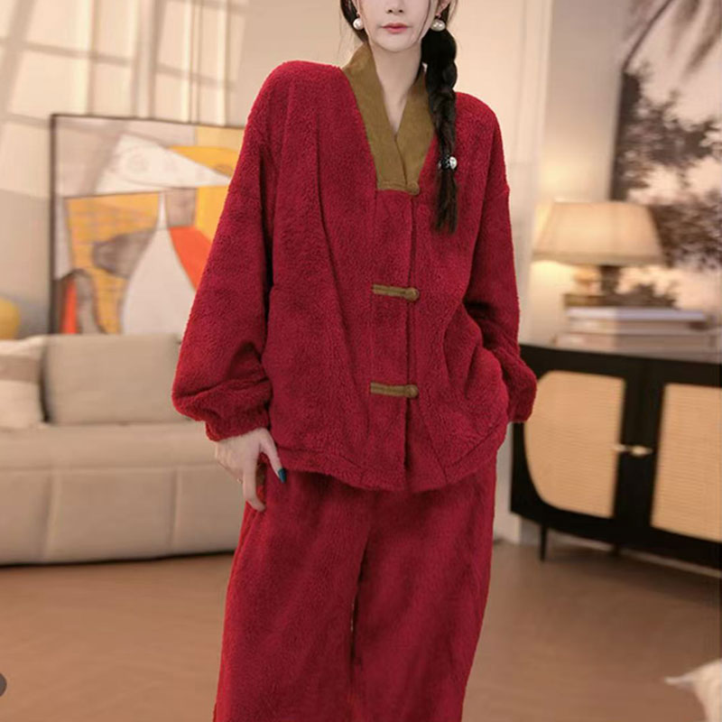 新中式本命年保暖套装【专柜品质】睡衣珊瑚绒加绒加厚冬季家居服套