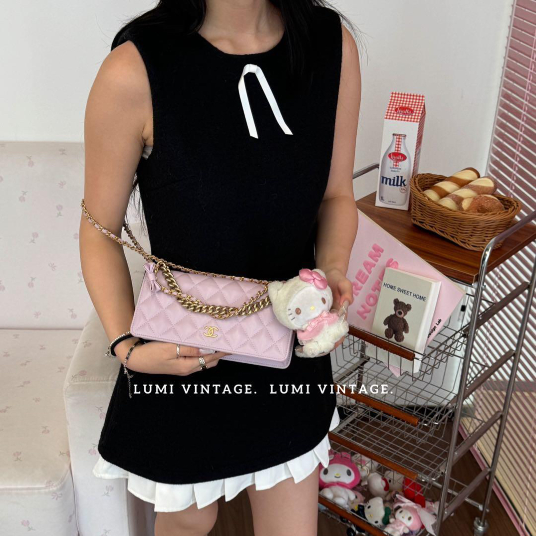 95新 Chanel/香奈儿 24s梦幻紫荔枝牛皮蝴蝶结风琴单肩包63314804