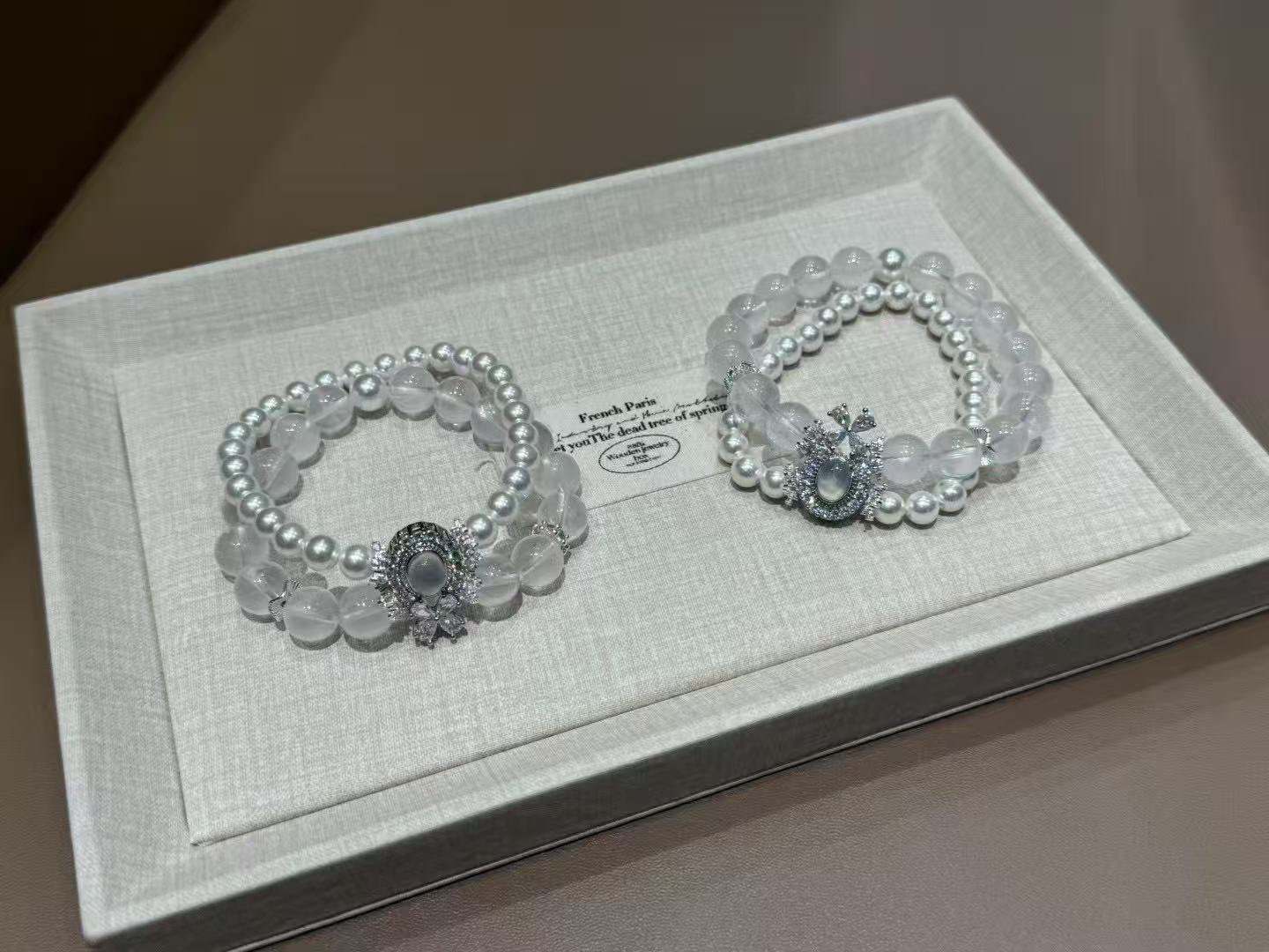 [柚金手作]12mm奶白晶与施家贝珠双圈设计的温柔少女百搭手串