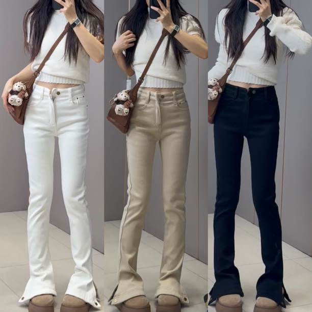 2025冬季加绒新款高腰显瘦微喇马蹄牛仔裤长裤