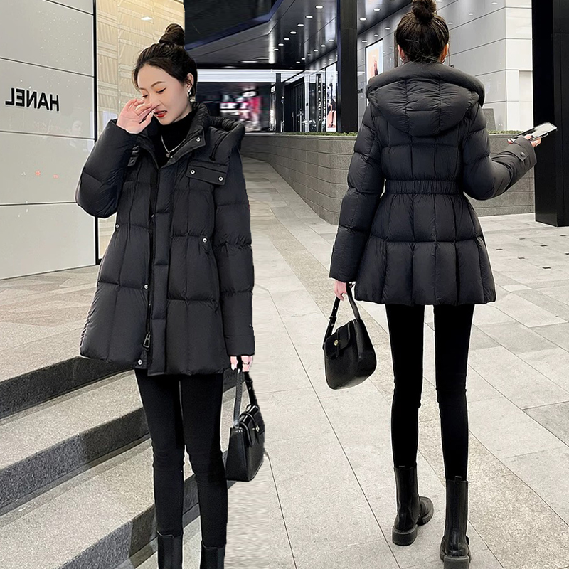 黑色连帽中长款羽绒服女2025冬新款小个子高端收腰保暖厚棉外套