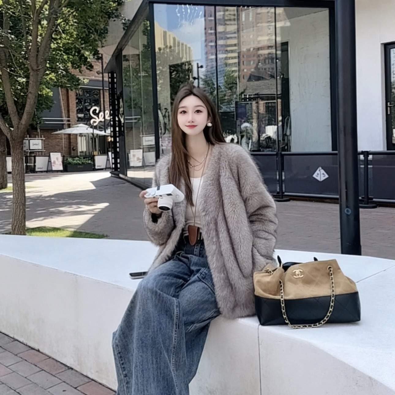 YUXI【冬日氛围】2025冬季新款显瘦百搭简约染尖双色毛毛女装外套