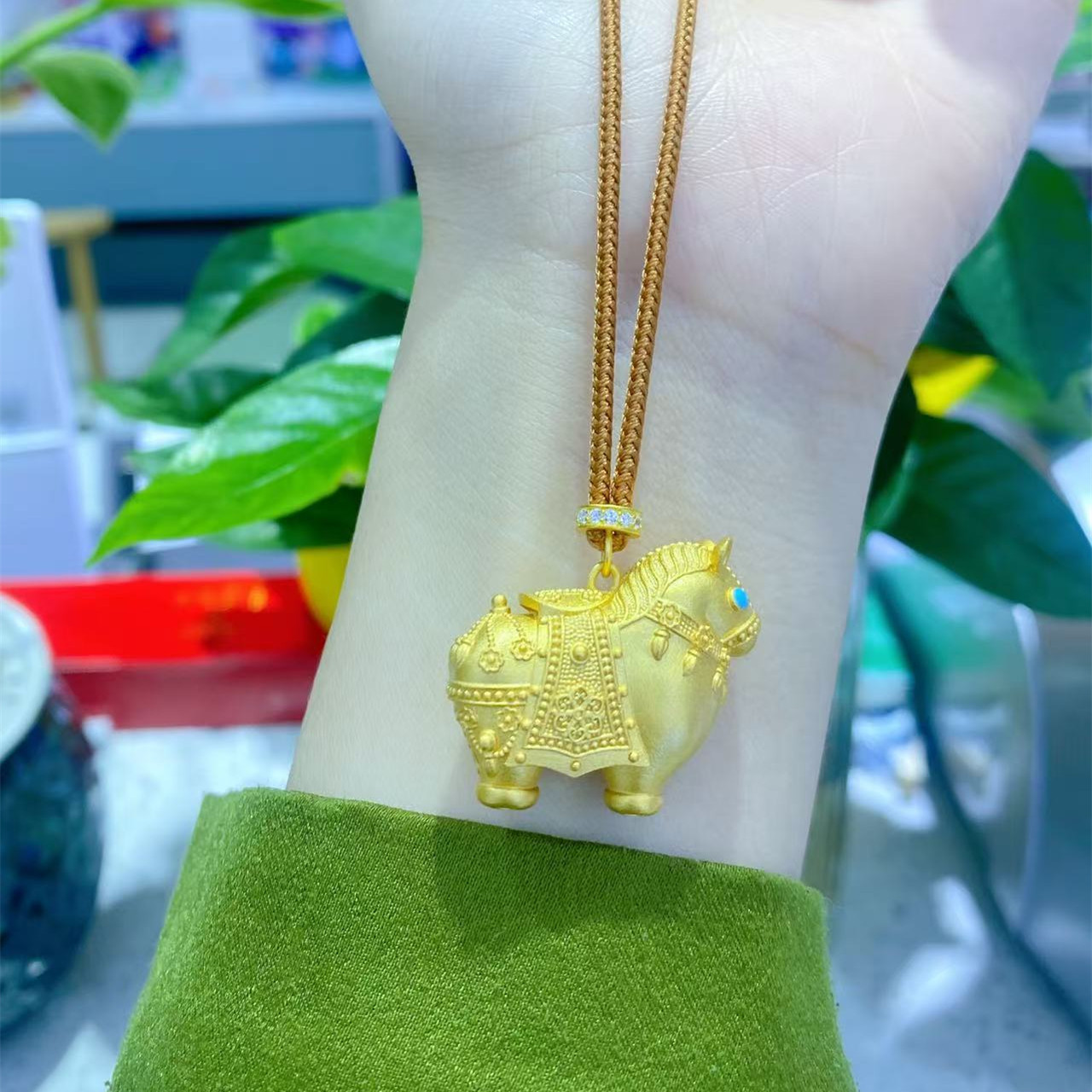 吊坠足银 999.9国风立体唐马吊坠手工编绳项链