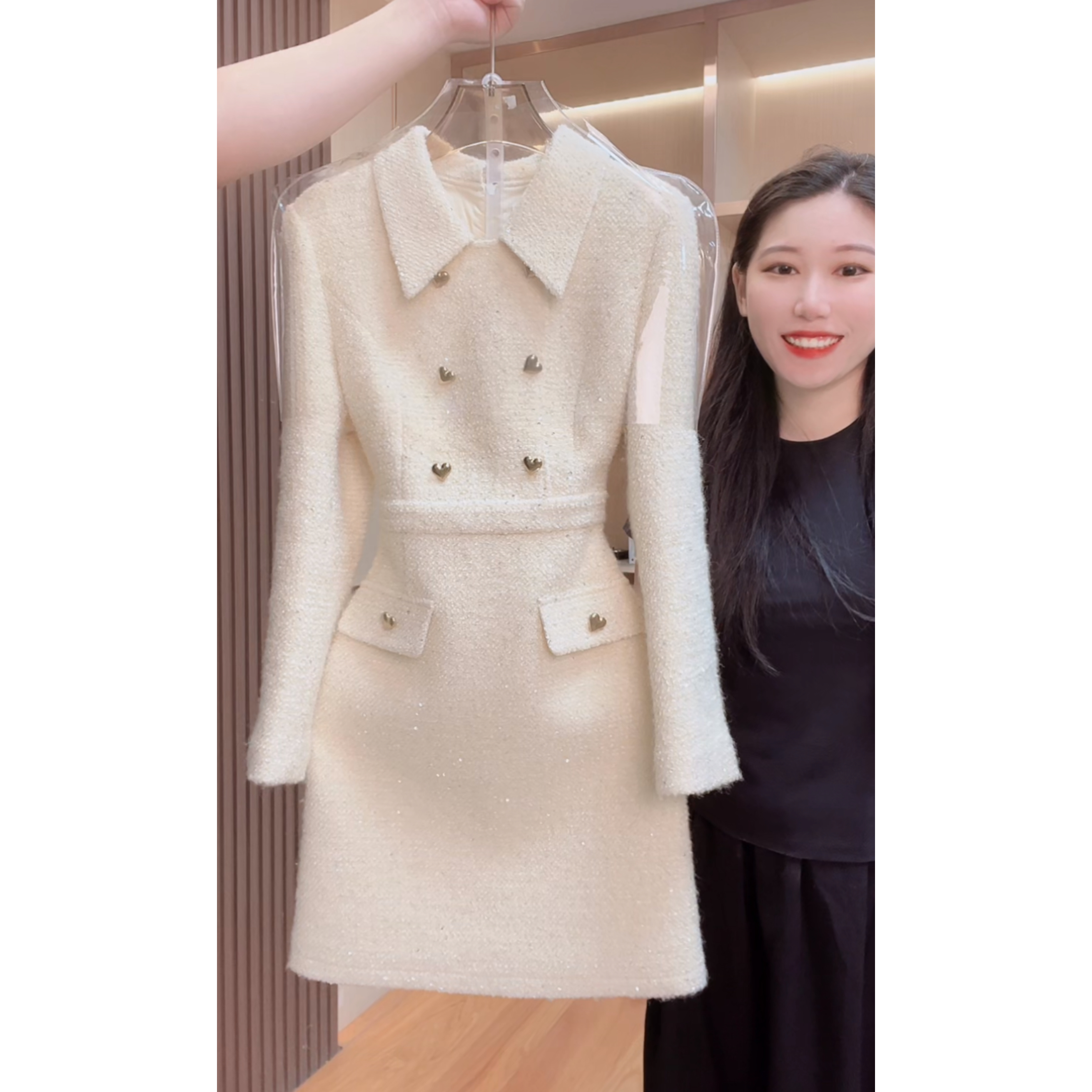 【门店飞】9757囯内设计师品牌女装气质收腰长袖连衣裙