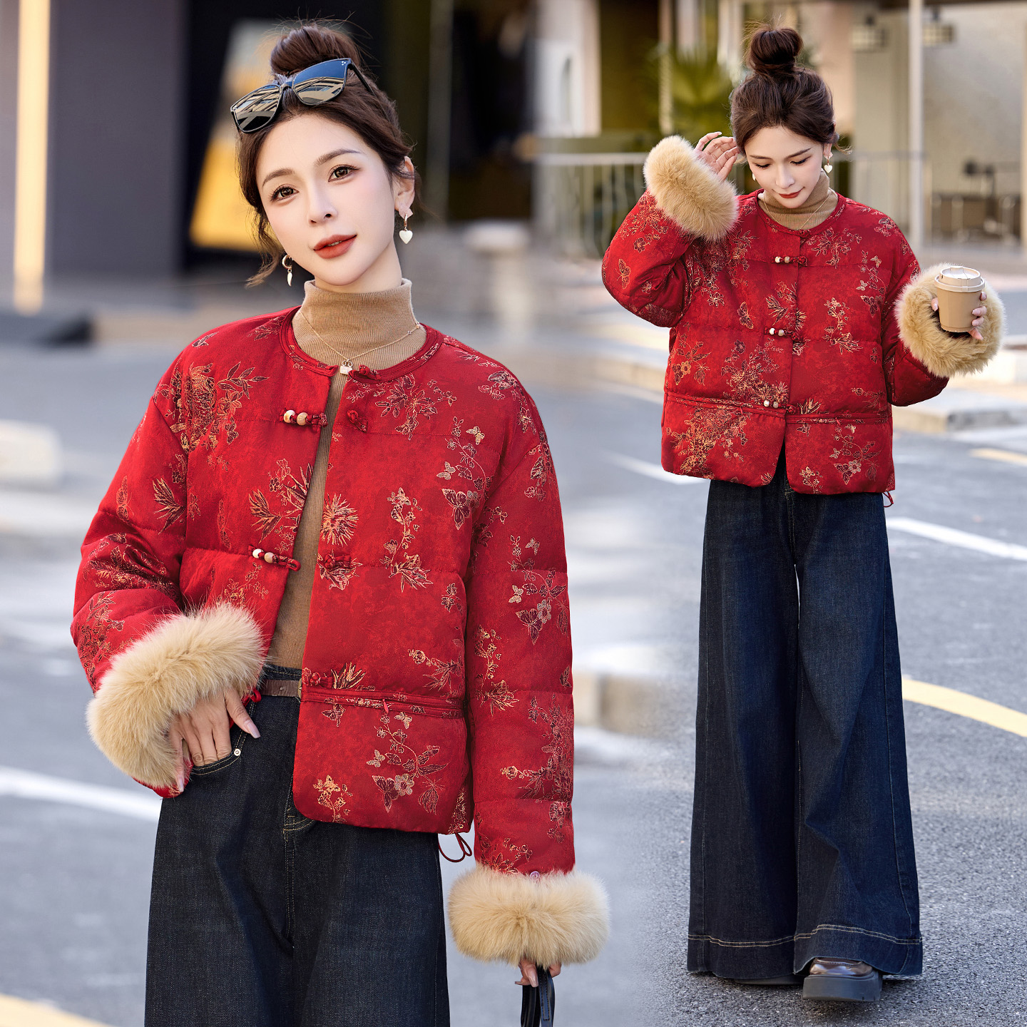 新中式国风袖口毛提花羽绒服女短款2025冬季新款白鸭绒加厚外套女