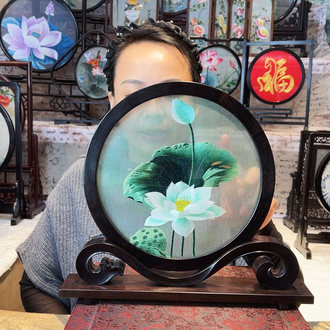 织绣苏绣摆台檀木手工双面