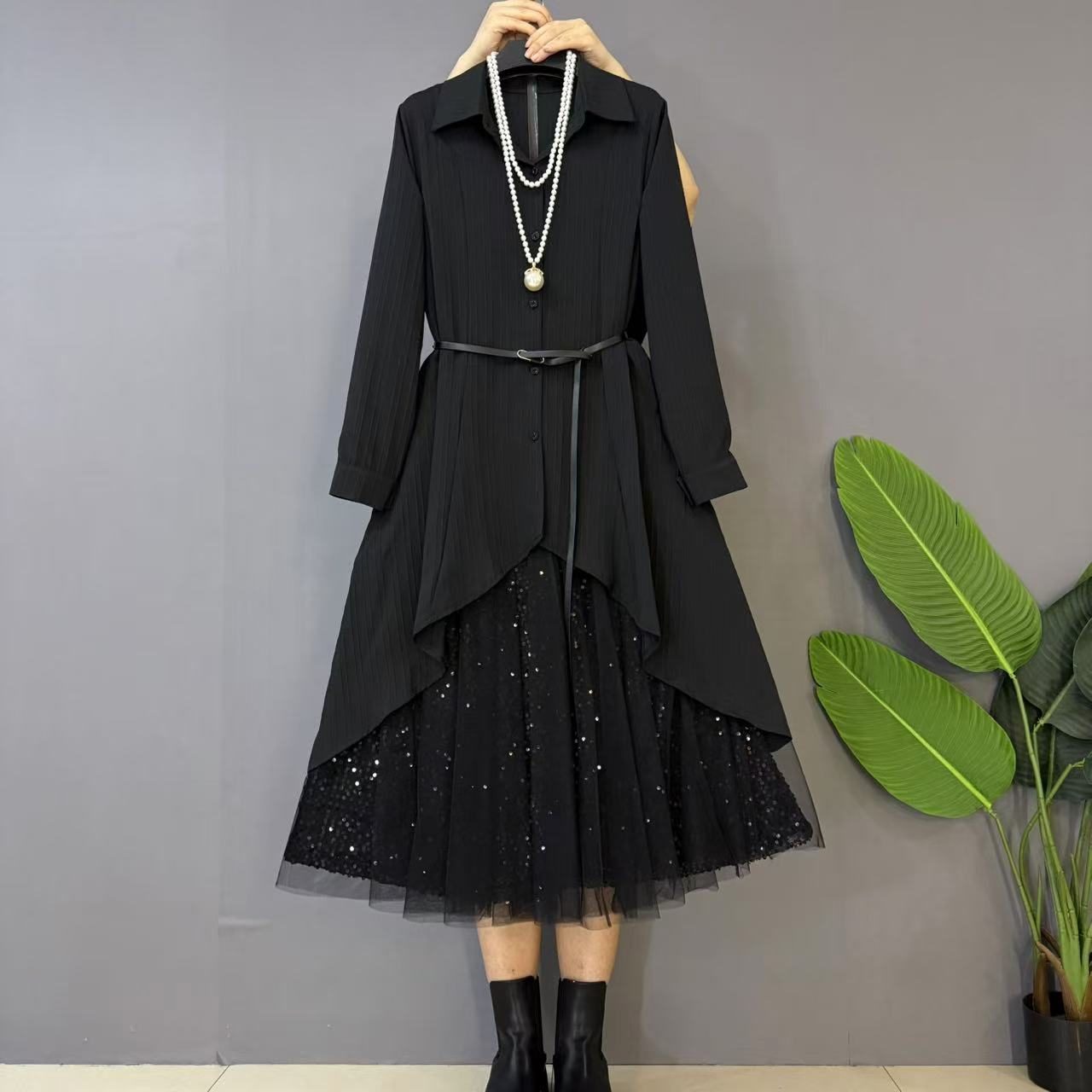 2025新款大码女装时尚气质不规则下摆长衫十半身裙两件套套装