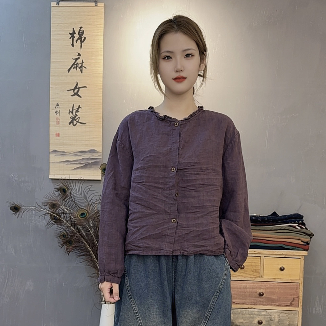 秋季新款复古文艺木耳边领宽松短款亚麻开衫舒适透气显瘦衬衫