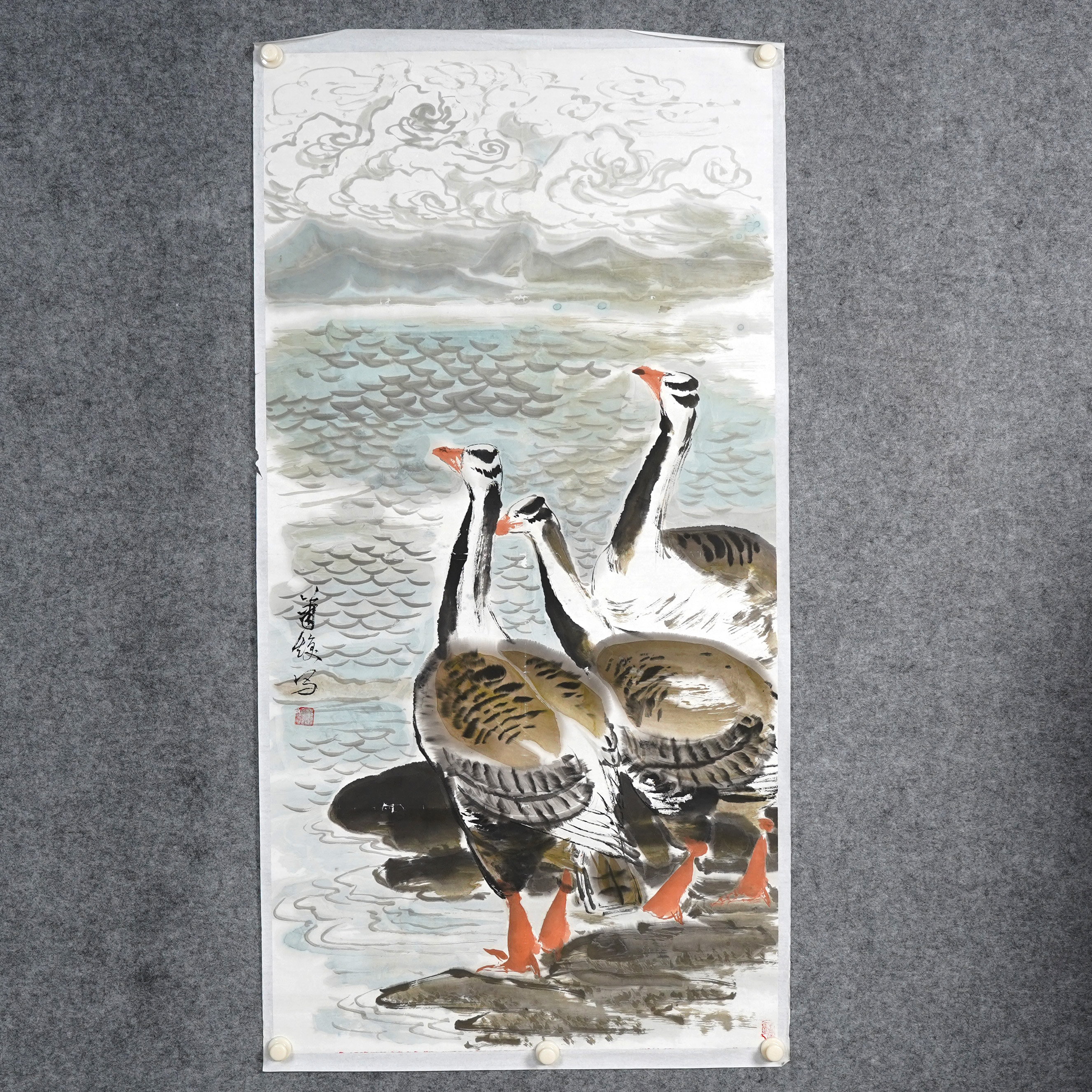 萧焕《三鹅图》约8.4平尺137x70cm