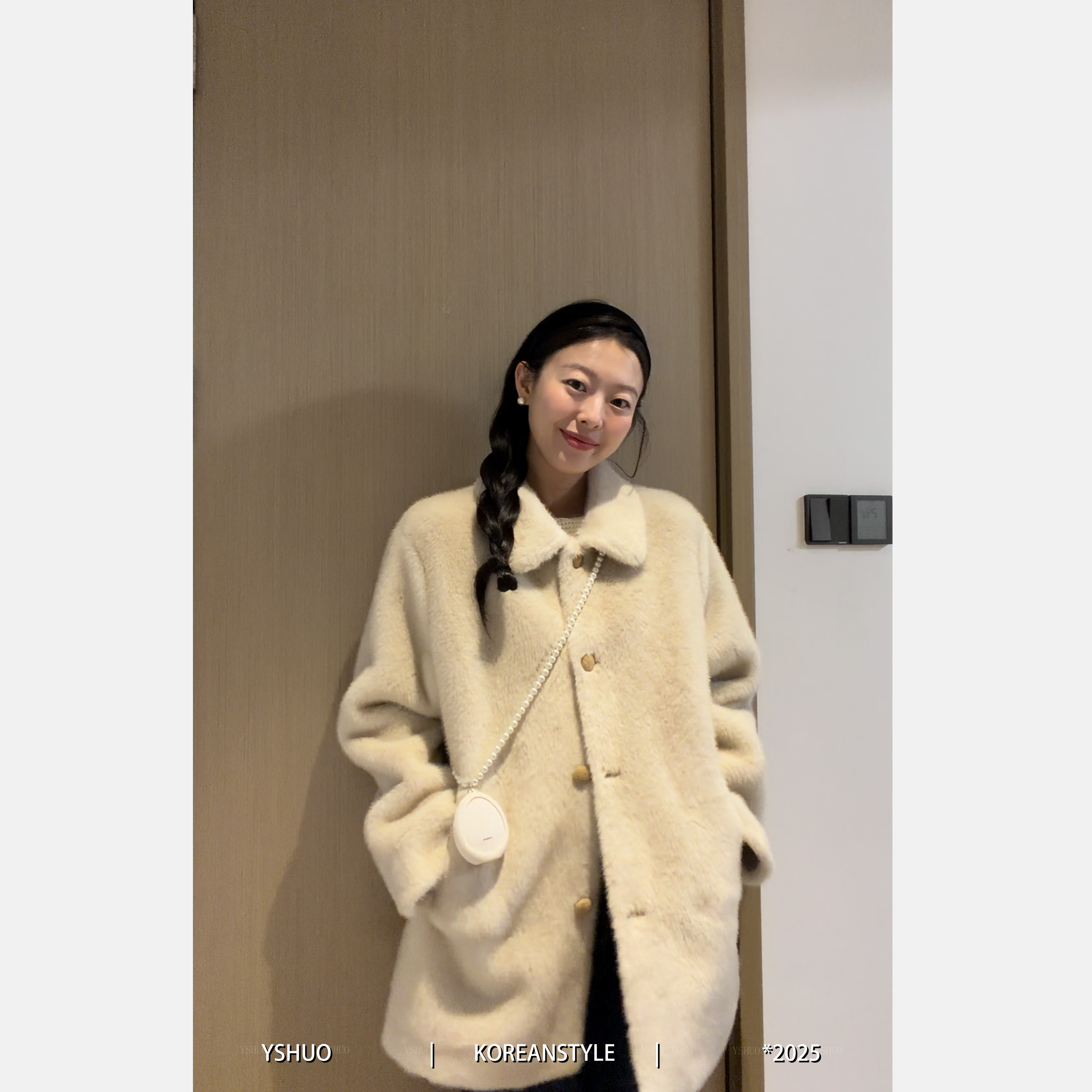 YSHUO【奶酪雪泥】气质秋冬加厚保暖时髦单排扣翻领毛毛外套 9875