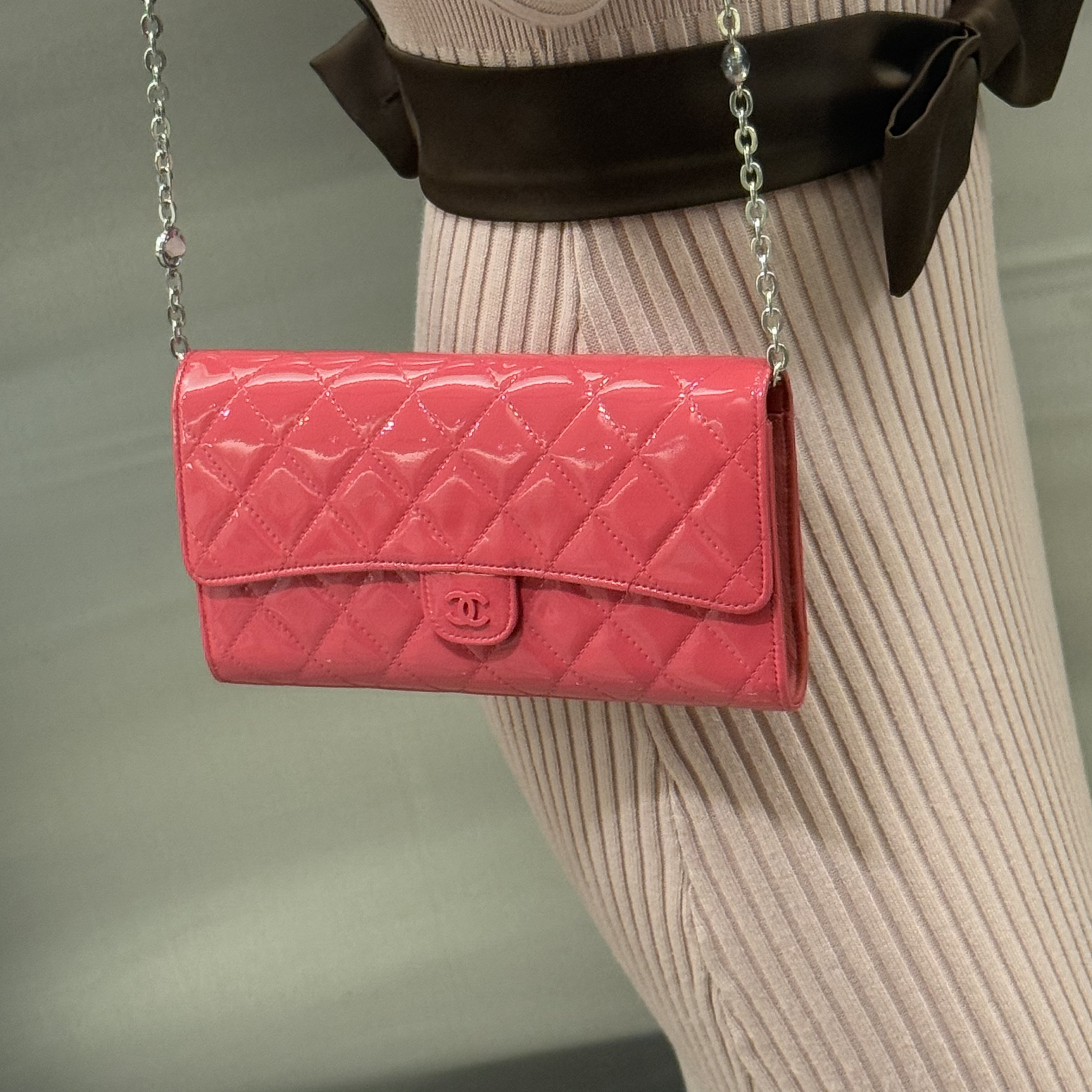 95新 Chanel/香奈儿 chanel樱桃红漆皮三合一钱包