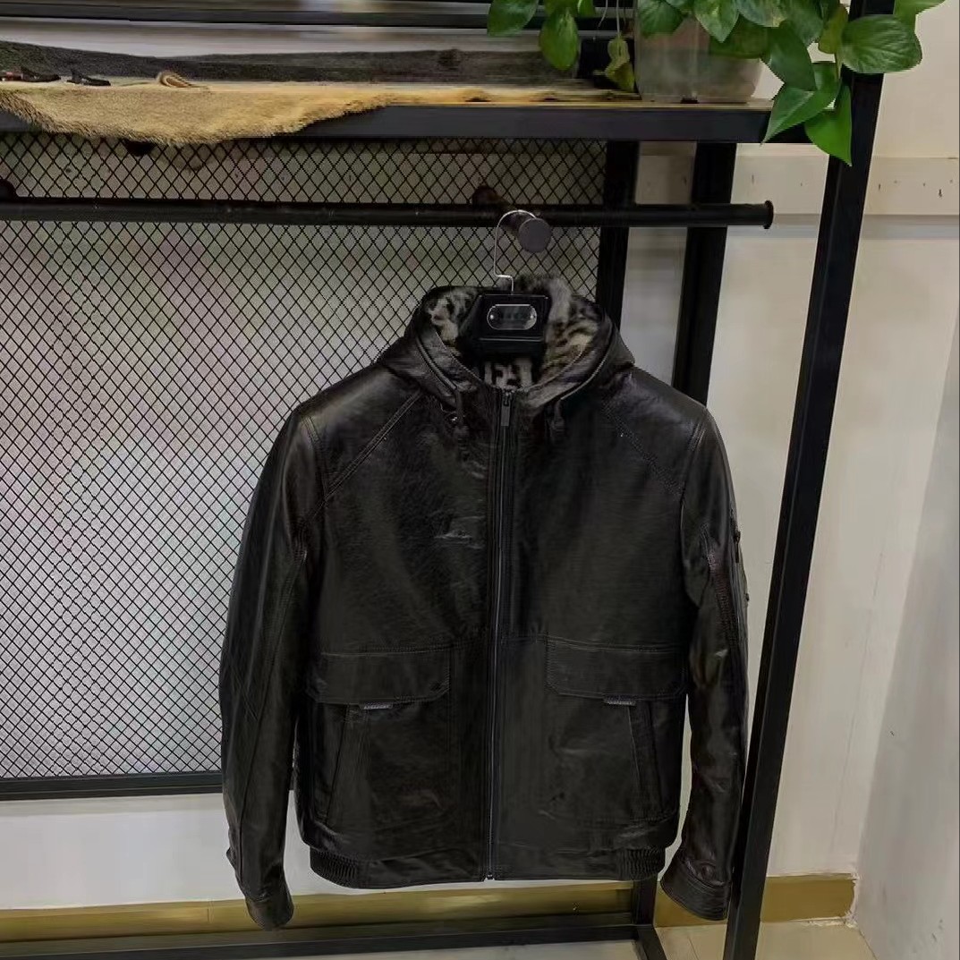 油蜡牛皮时尚连帽f貂内胆皮衣