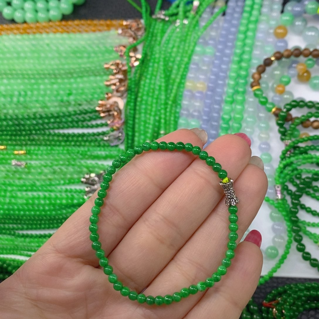 颈饰未镶嵌翡翠缅甸天然翡翠浓阳绿小米珠手链3.5