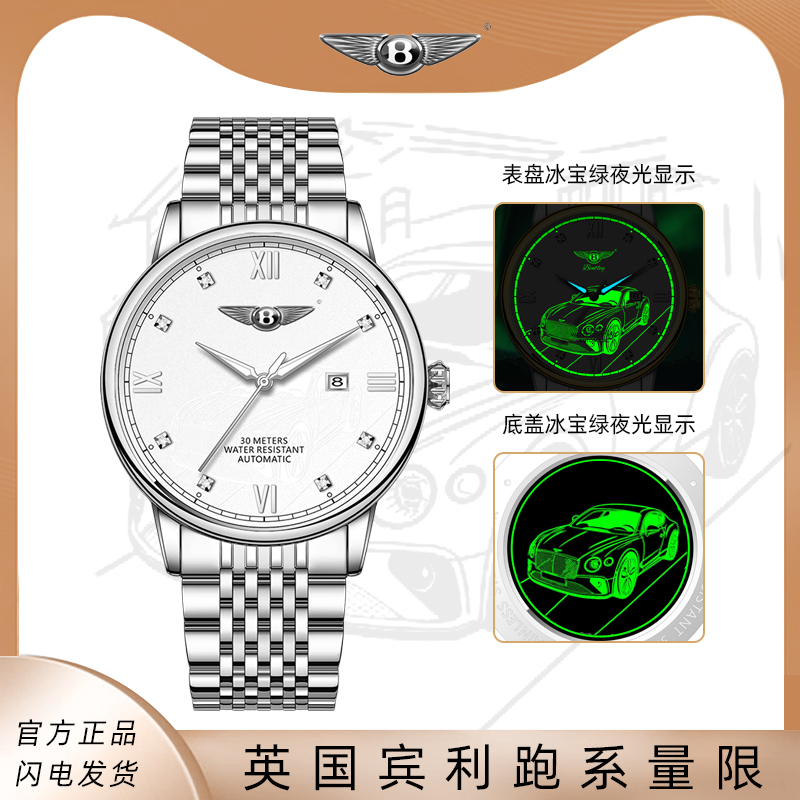 Bentley宾利卓越跑车夜光银面男士腕表D