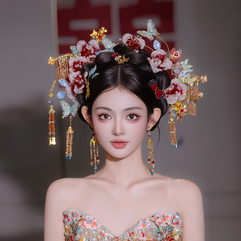 合金婚庆饰品 新娘新中式婚礼手工渐变造液花龙凤褂晨袍头饰D0518