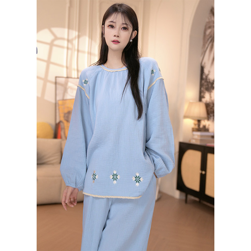 睡衣女春秋夏季2025新款全纯棉纱布全棉甜美刺绣长袖家居服