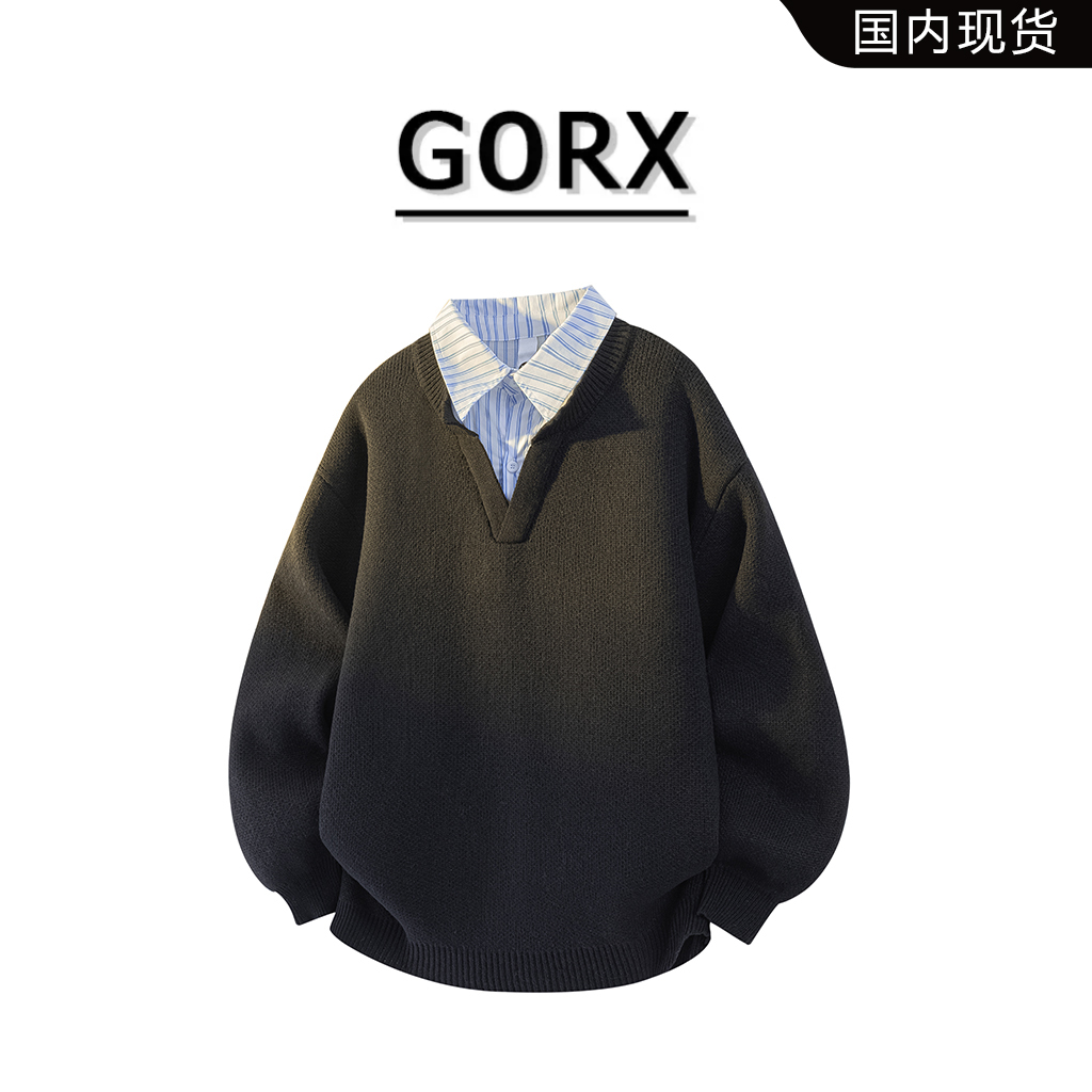 GDRX假两件毛衣男秋季新款美式条纹cleanfit痞帅高级感男生衣服