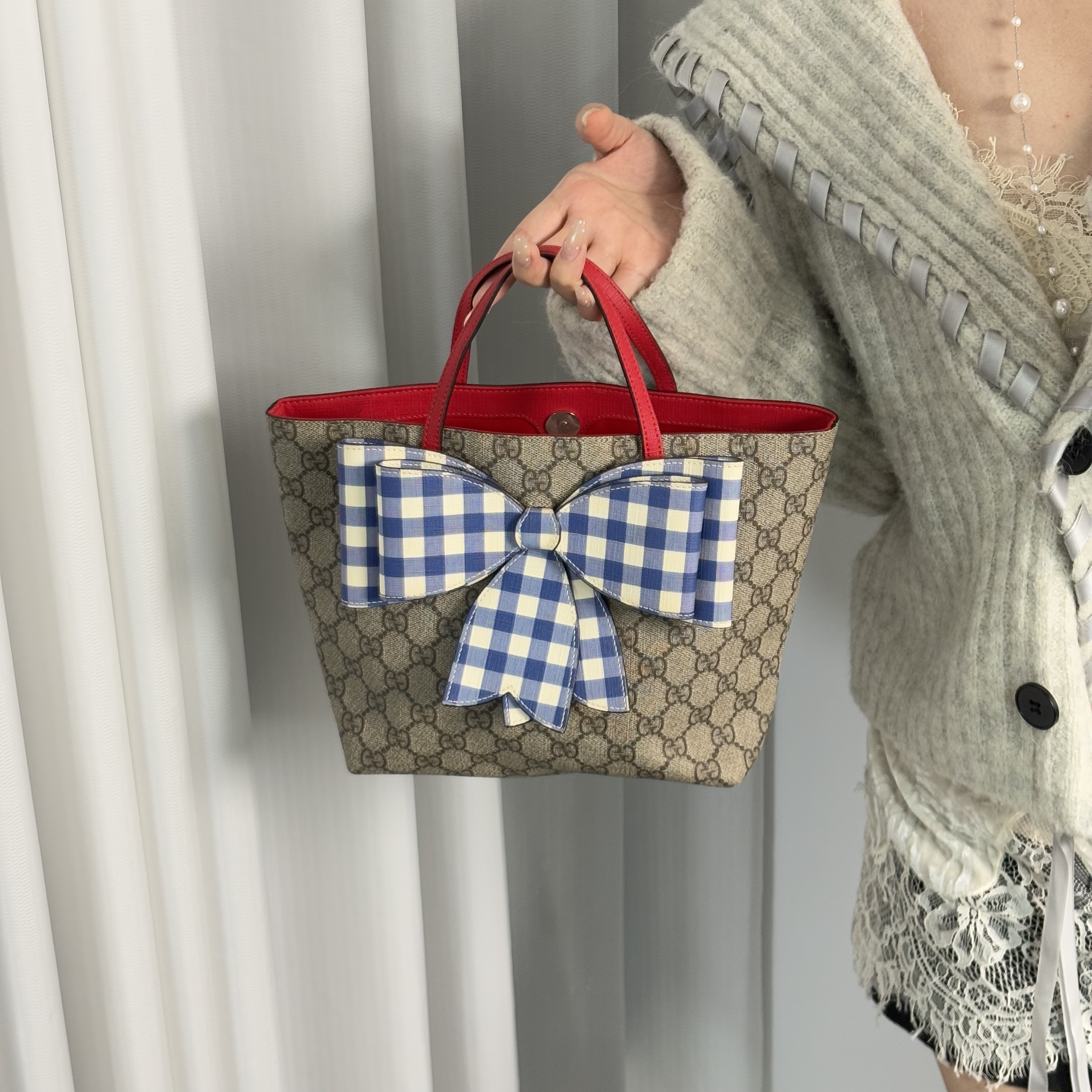 95新 GUCCI/古驰 蓝色蝴蝶结菜篮子手提包 ss