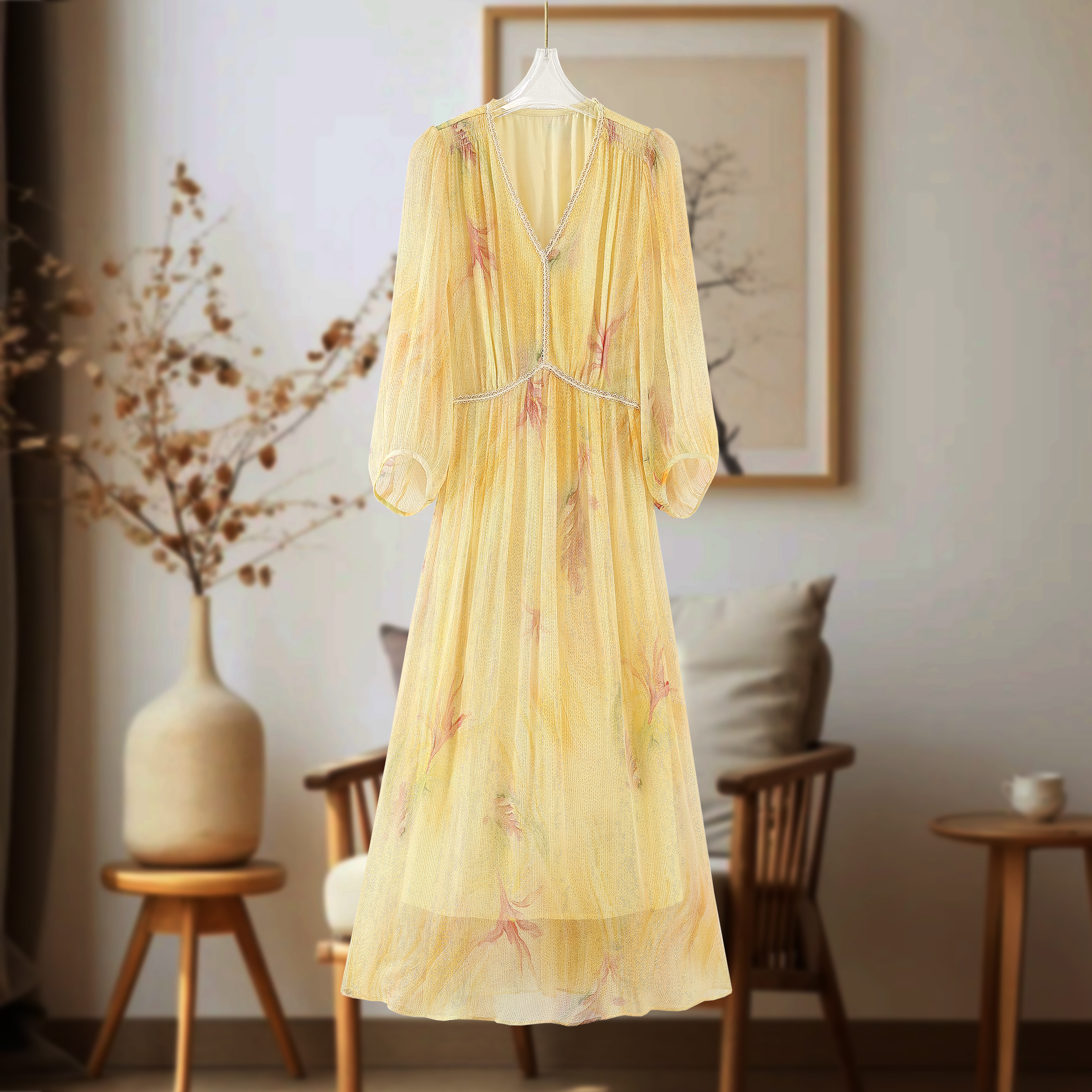 “裳玥丝绸”100%桑蚕丝镶嵌金丝优雅气质6A真丝女收腰连衣裙5636