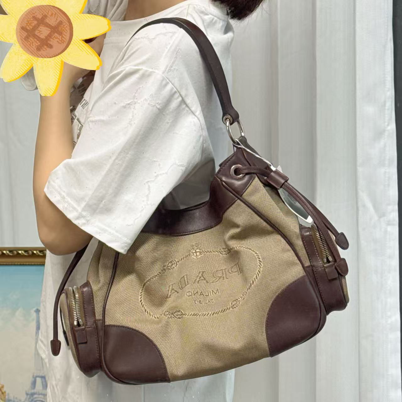 95新 Prada/普拉达 帆布拼皮飞行员手拎包/95新/CC0233牛皮复古