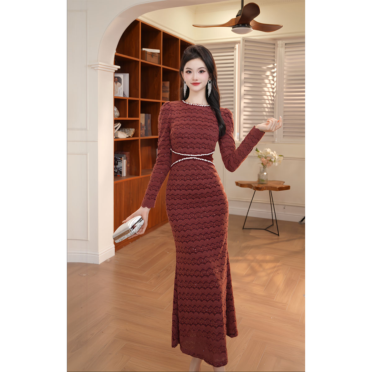 【香香定制】新款秋冬法式气质赫本风修身显瘦长袖复古连衣裙21880