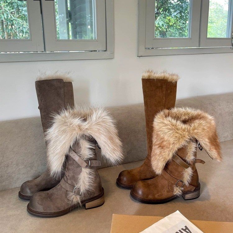 【曼曼】俄式加绒厚绒高筒雪地靴4公分时尚百搭保暖长筒骑士靴