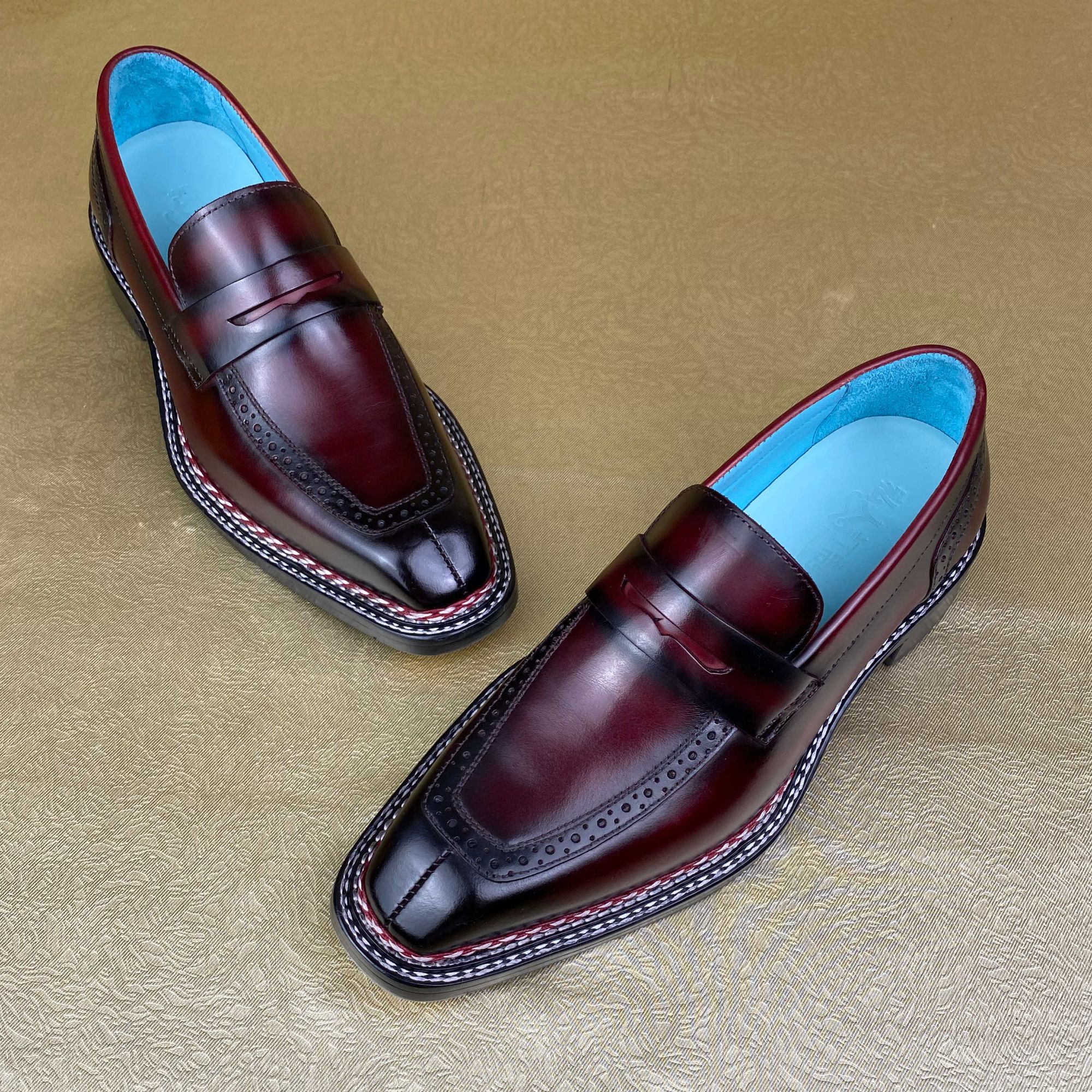 进口马臀皮一脚蹬挪威缝擦色红纯手工固特异男士高端鞋乐福鞋