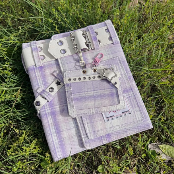 个性少女心皮革搭扣本紫色格子纹皮扣卡册手账一体本相册本