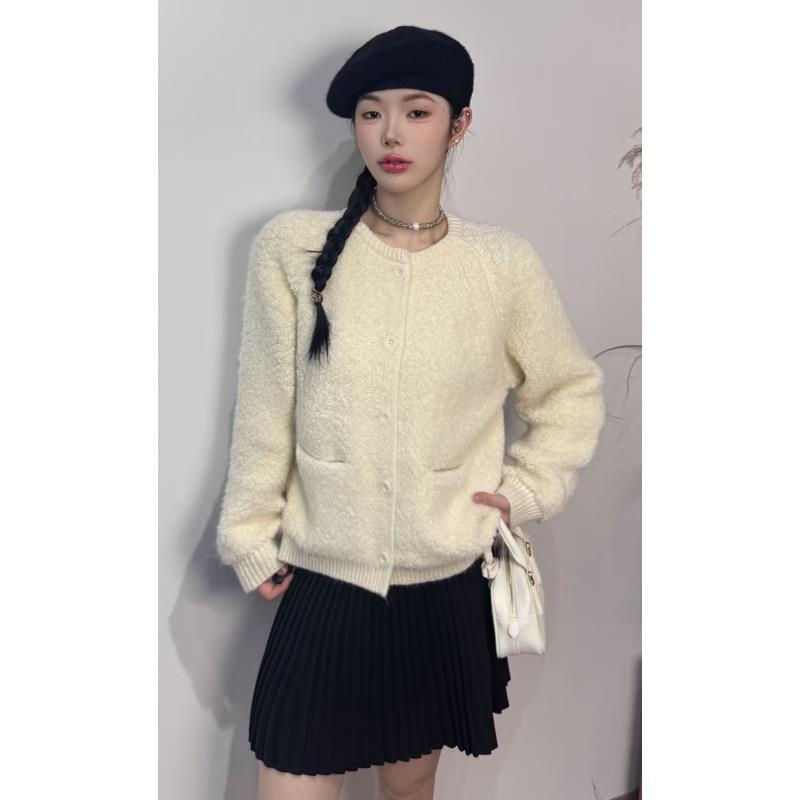 8809#加厚毛衣外套女冬季新款双口袋针织开衫奶呼呼软糯宽松毛衣
