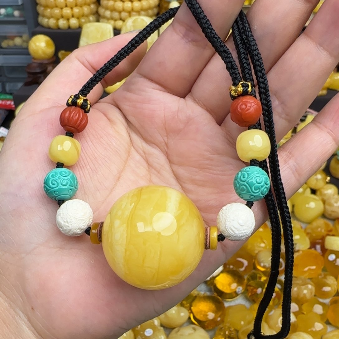 未镶嵌套链琥珀天然俄料黄花虎皮妖花蜜蜡圆珠锁骨