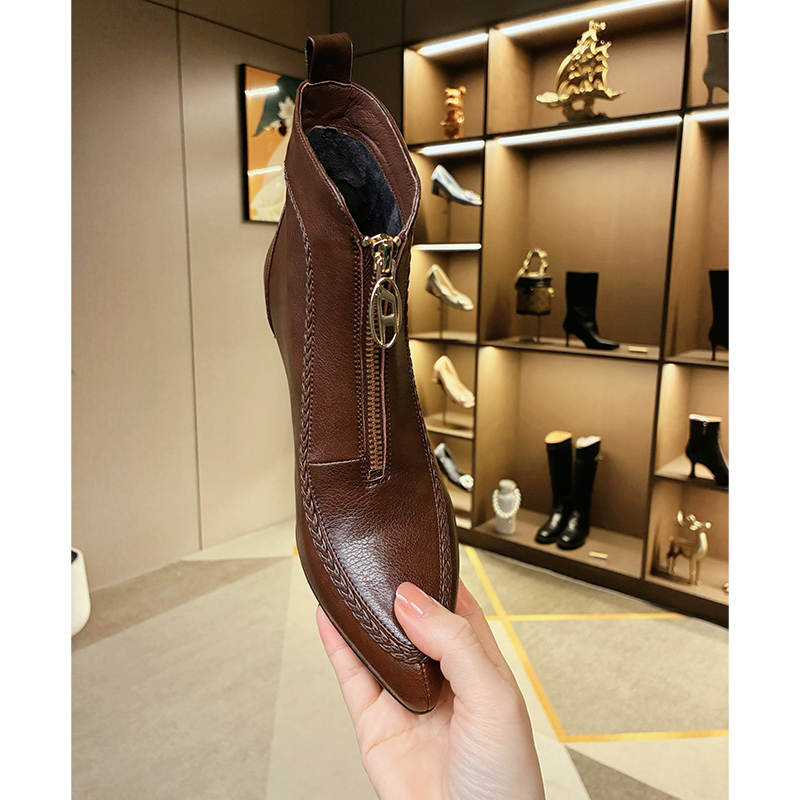 厚底+软牛皮3-5-7cm运动底舒适真皮短靴冬季高跟鞋编织气质时装靴