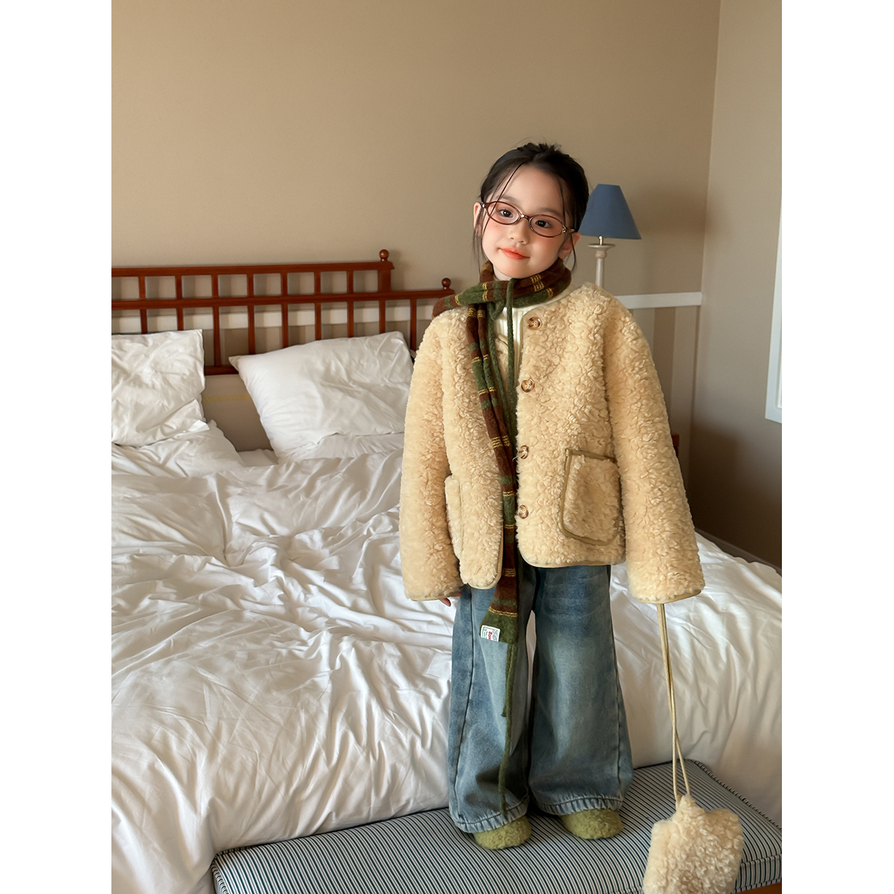 Harper kids 韩版女童软糯羊羔毛加绒加厚外套配包包 H25A680928