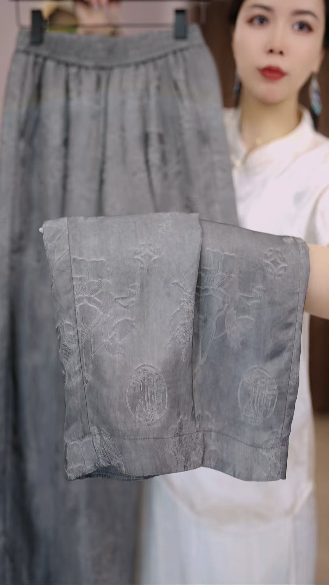 九分花苞裤福纹禅意新款气质百搭高腰直筒裤（WL26/七月/锋）