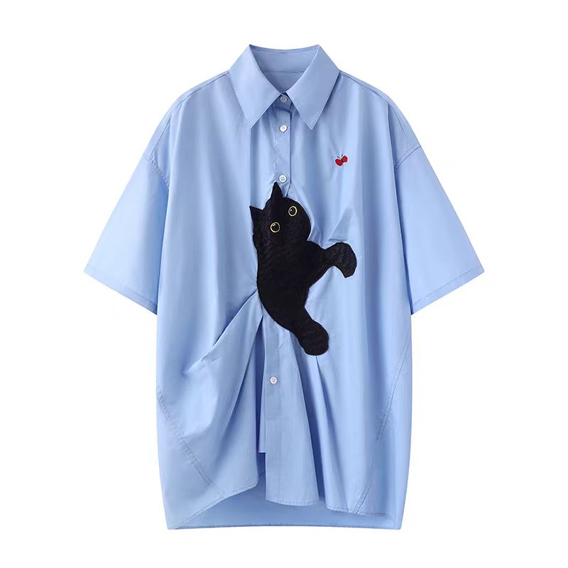 【小黑猫短袖】2025新款时尚猫咪刺绣蓝衬衫短袖衬衣.Y9813