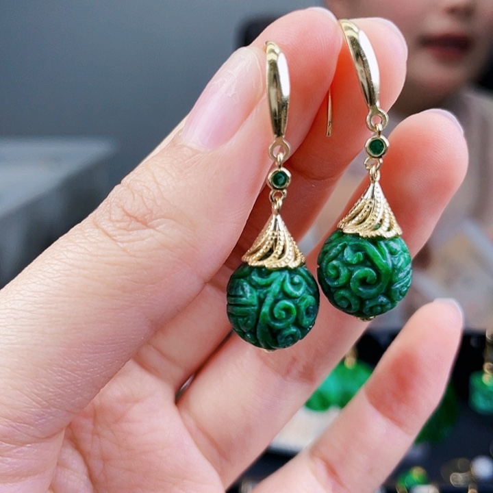 翡翠耳饰银S925镶嵌饰品