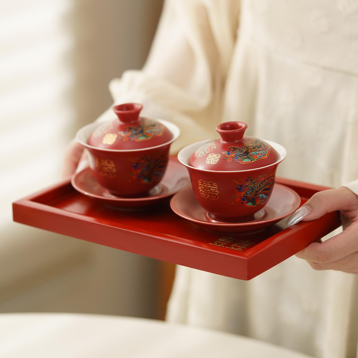 礼茂婚礼改口敬茶杯子结婚红色温感盖碗一对龙凤婚庆备婚用品陪嫁