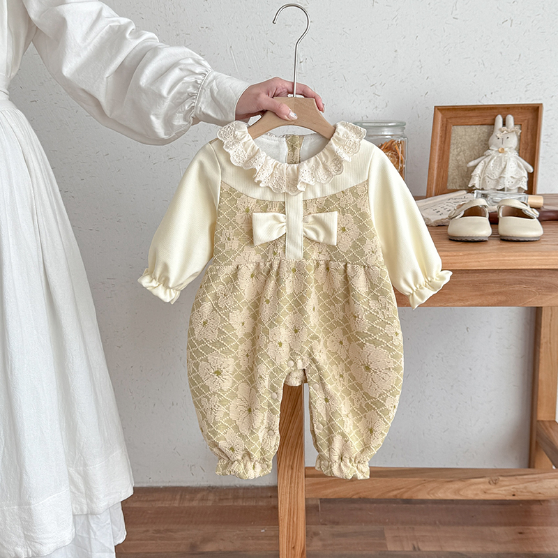 新生儿秋装连体衣女宝宝春秋款婴儿薄款假两件衣服公主洋气外出服