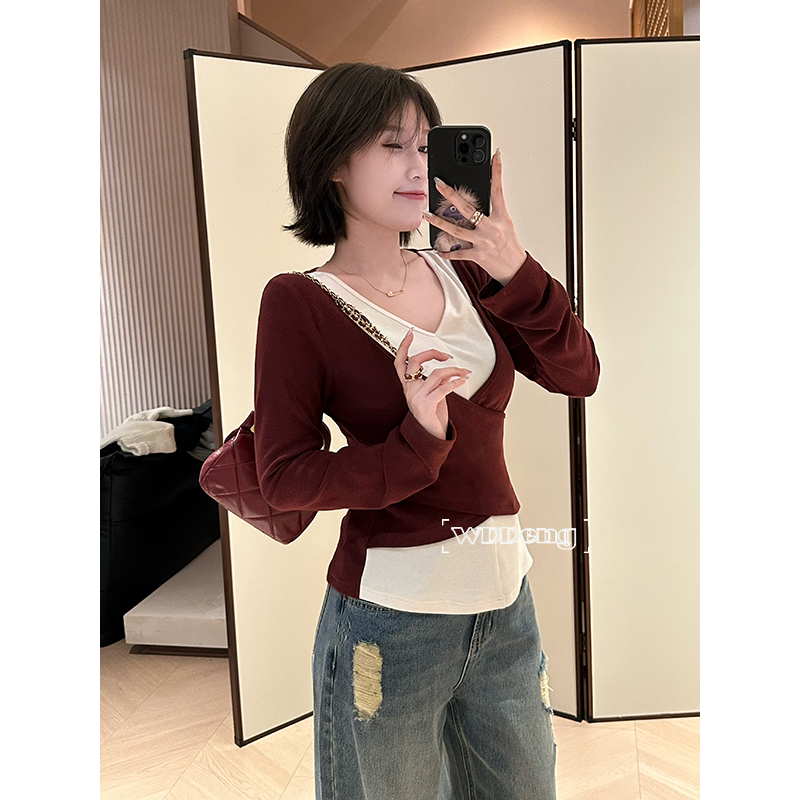 【清清款】王等等【无中生腰】秋冬时尚撞色长袖针织上衣U224S19221