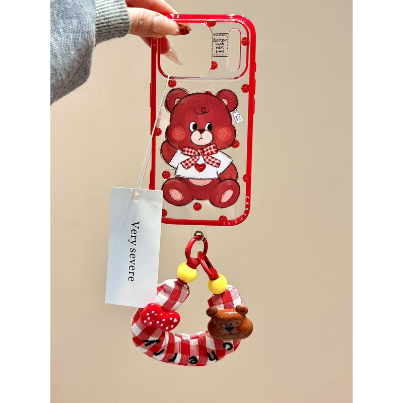 可爱油画红波点蝴蝶结小熊腕带适用苹果17promax手机壳15iphone16