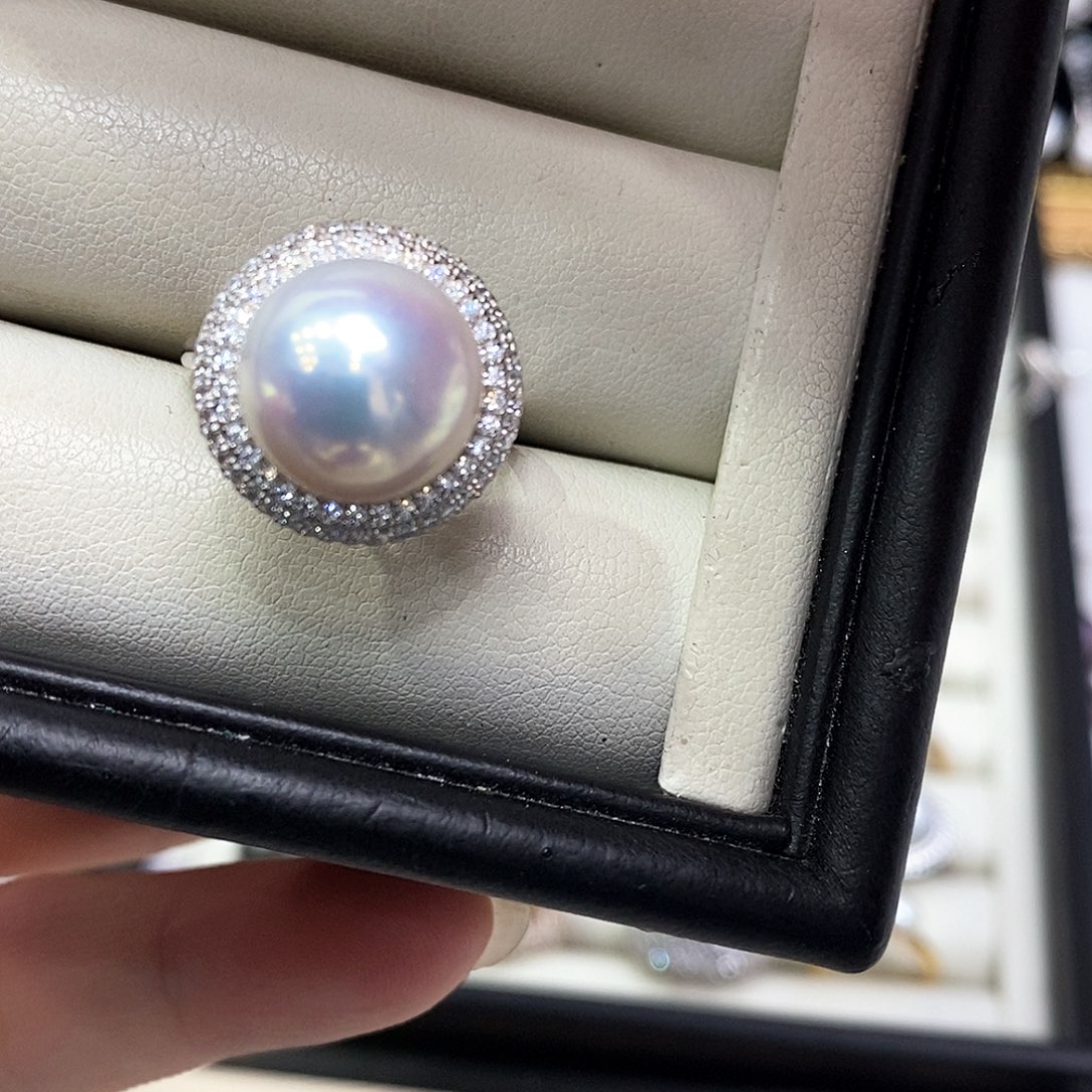 银S925镶嵌戒指淡水珍珠12-13特选光