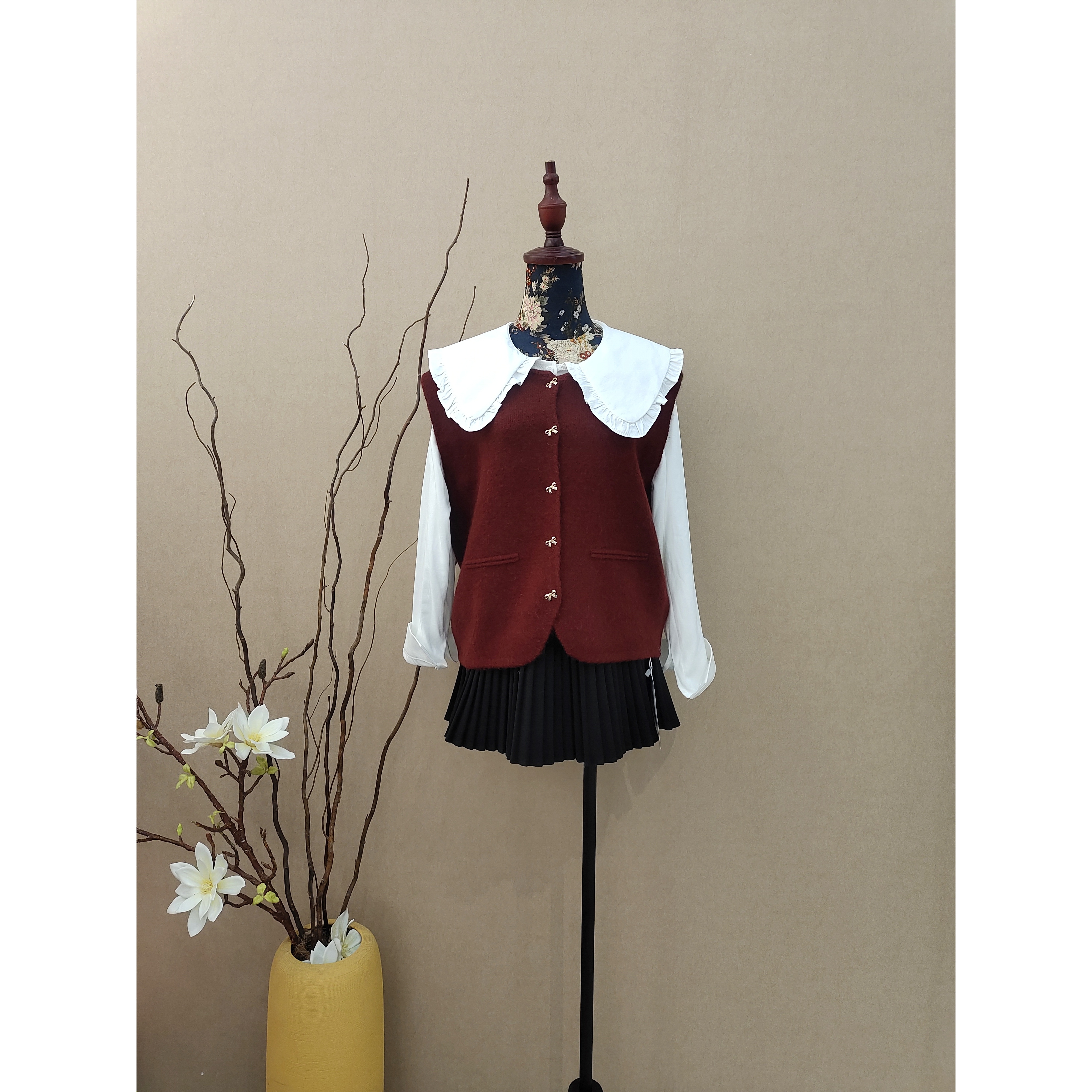 米雪严选一学院风两件套时尚针织马甲花边娃娃领衬衫女春甜美上衣