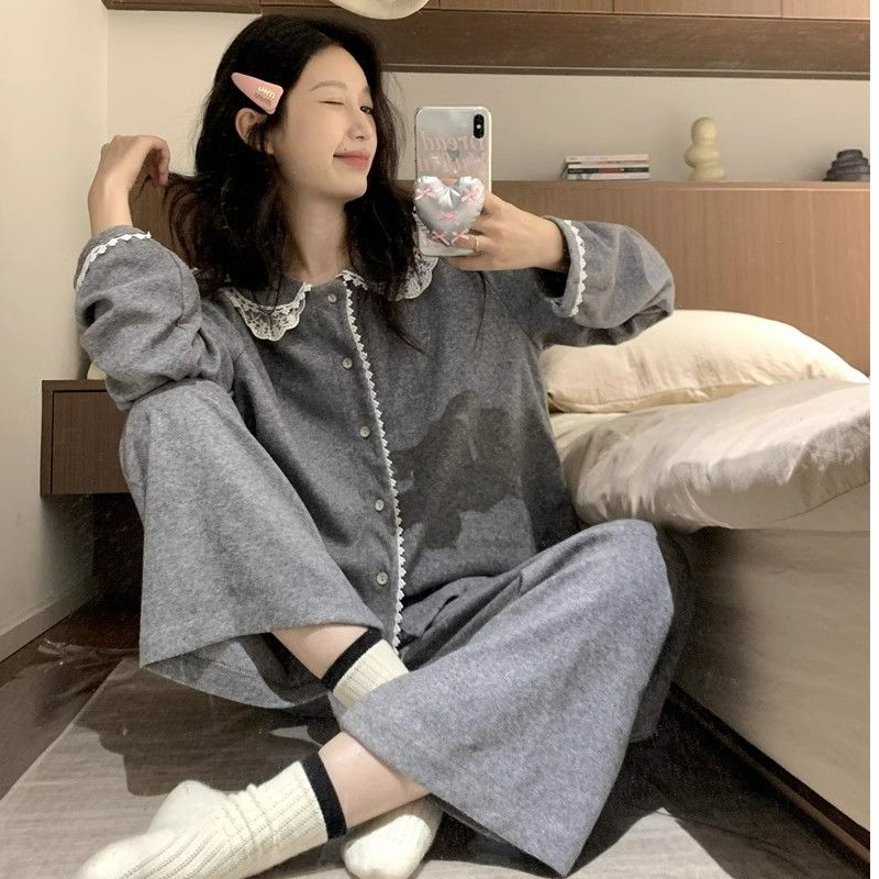  韩版减龄娃娃领休闲家居服套装女可外穿2025春秋新款