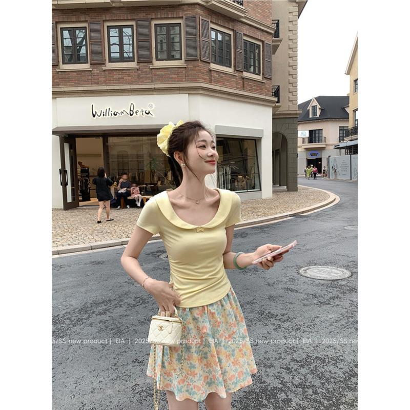 【现货】胖mm夏季蝴蝶结洋气短袖温柔优雅气质收腰显瘦休闲T恤05024